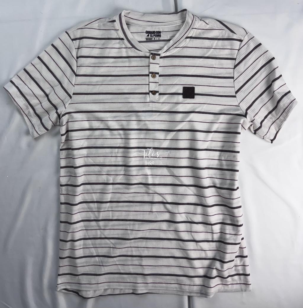 Playera Botones Rayas Blanco Guindo