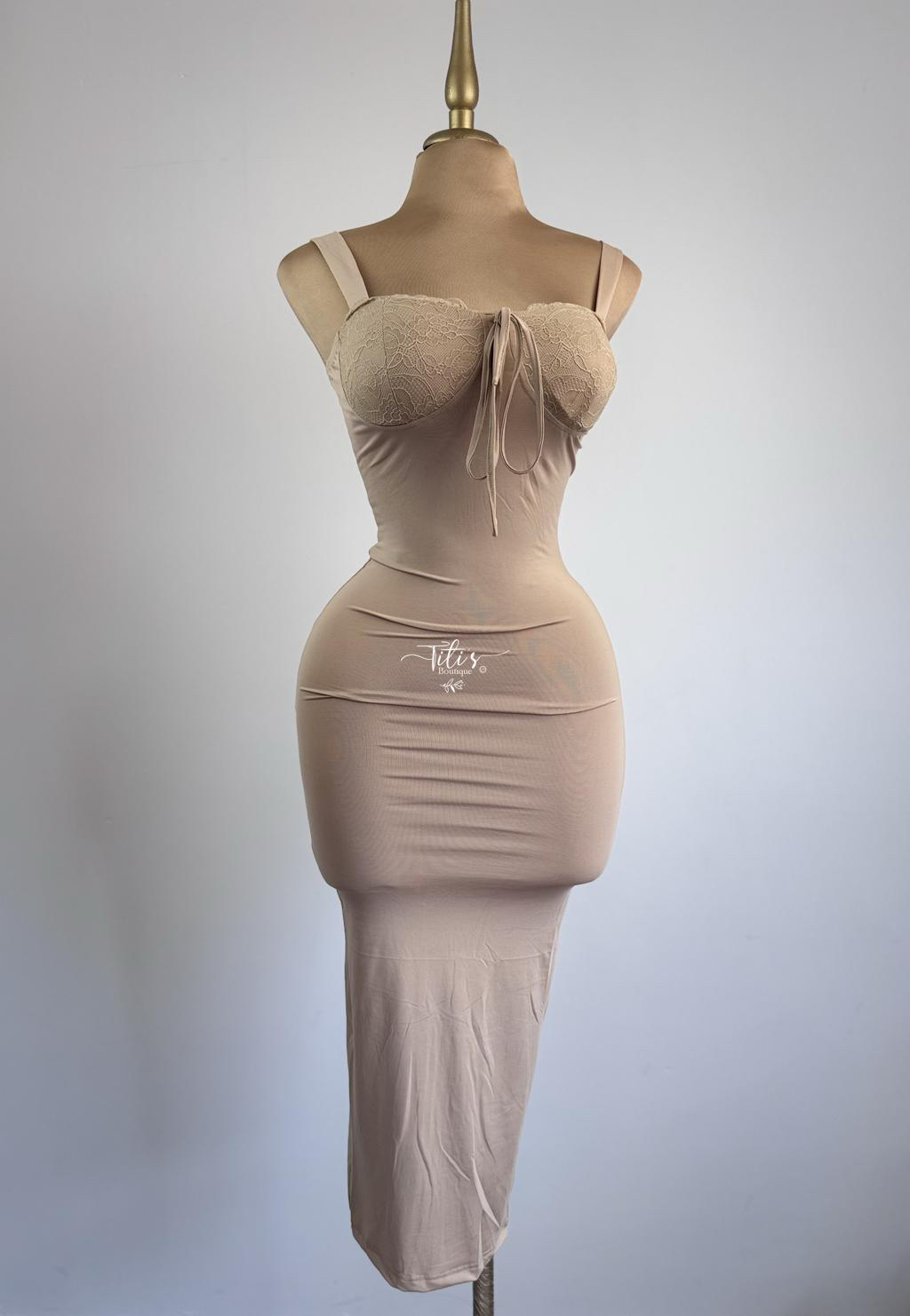 Vestido Encaje Y Liso Beige