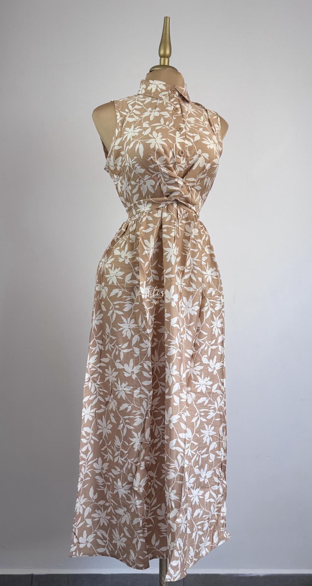 Vestido Flores Beige