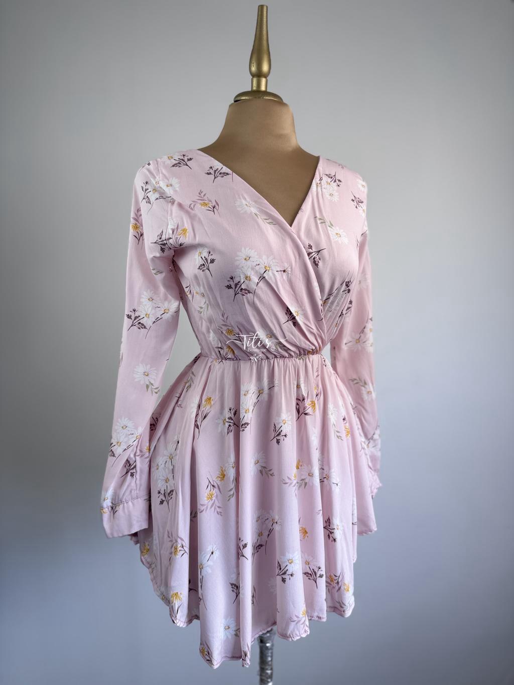 Vestido Manga Larga Flores Rosa