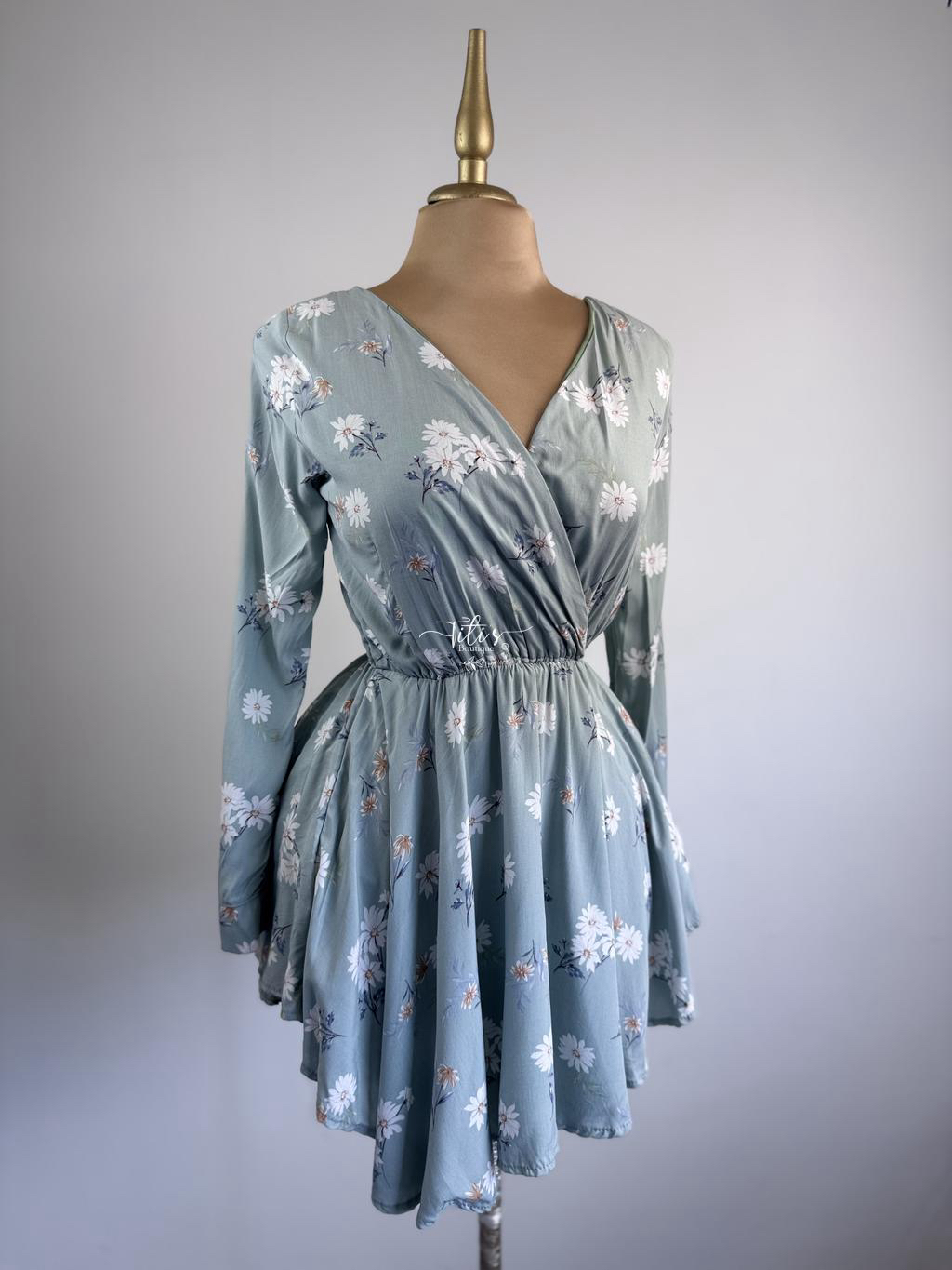 Vestido Manga Larga Flores Verde