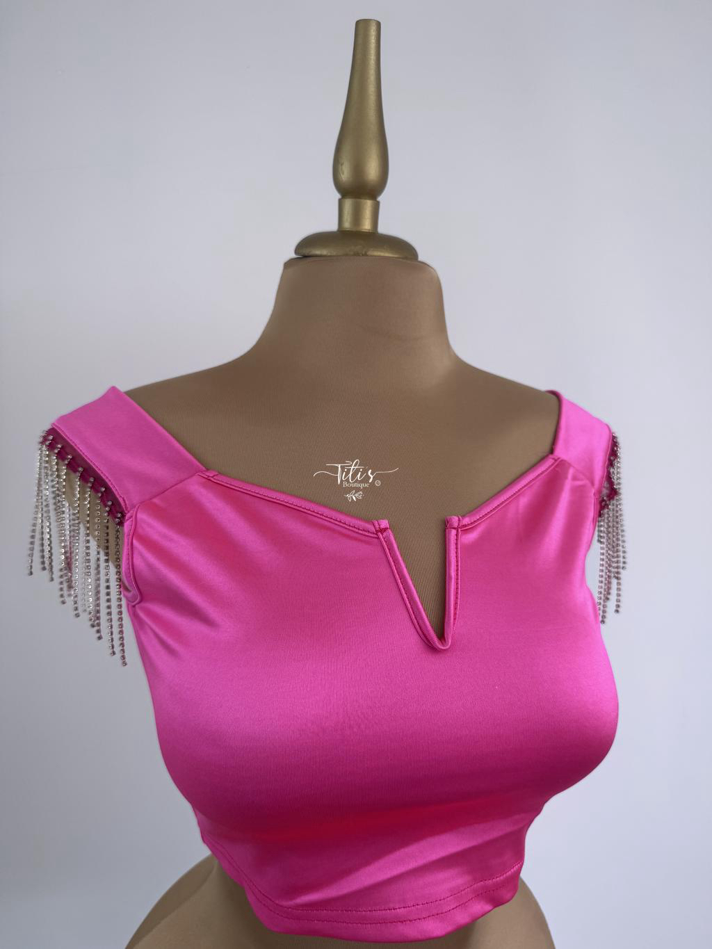 Blusa Brillos Colgante Hombro Rosa
