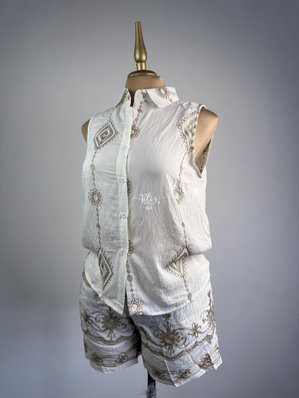 Conjunto Shorts Bordado Oro Blanco
