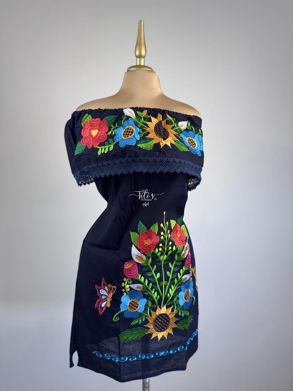 Vestido Mexicano Chino Azul Marino