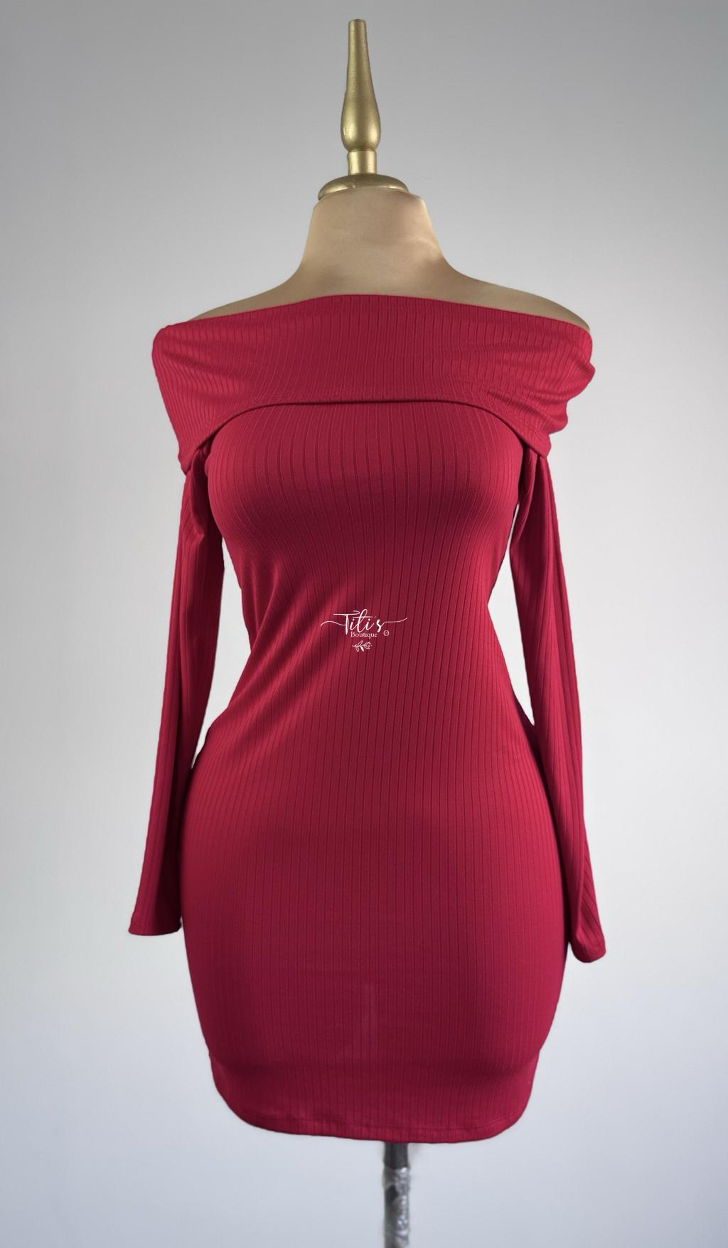 Vestido Manga Larga s/Hombro Rojo