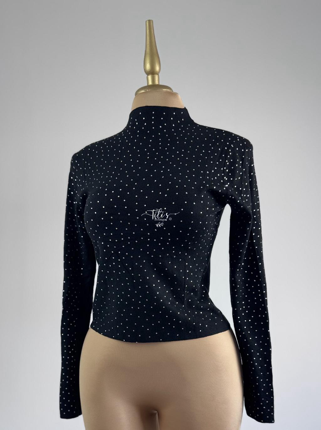 Blusa Brillos Cuello Manga Larga Negro