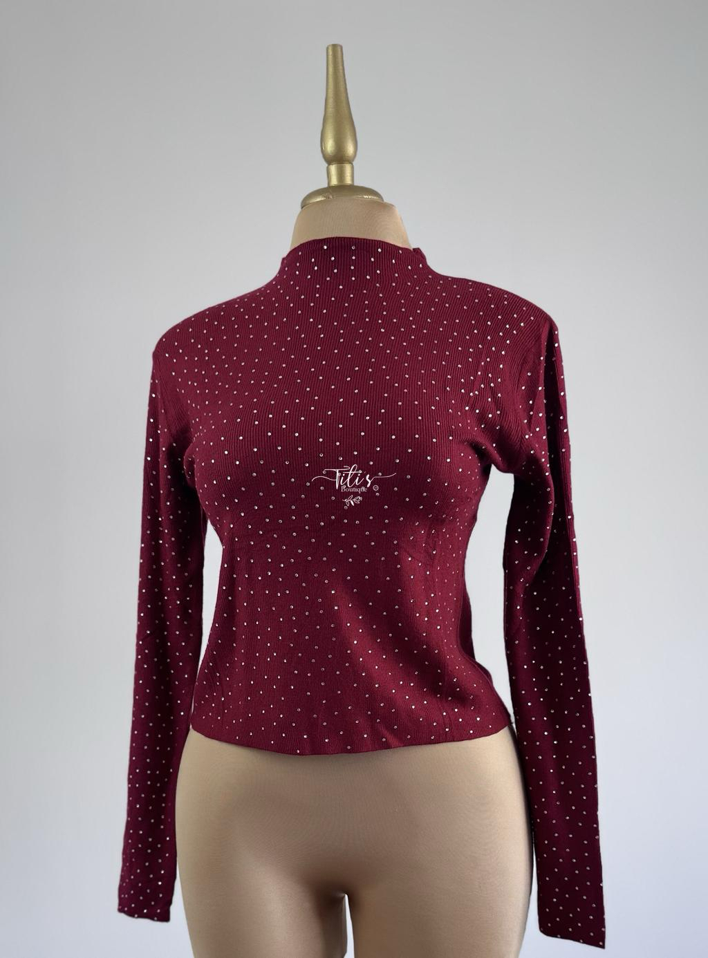 Blusa Brillos Cuello Manga Larga Guindo