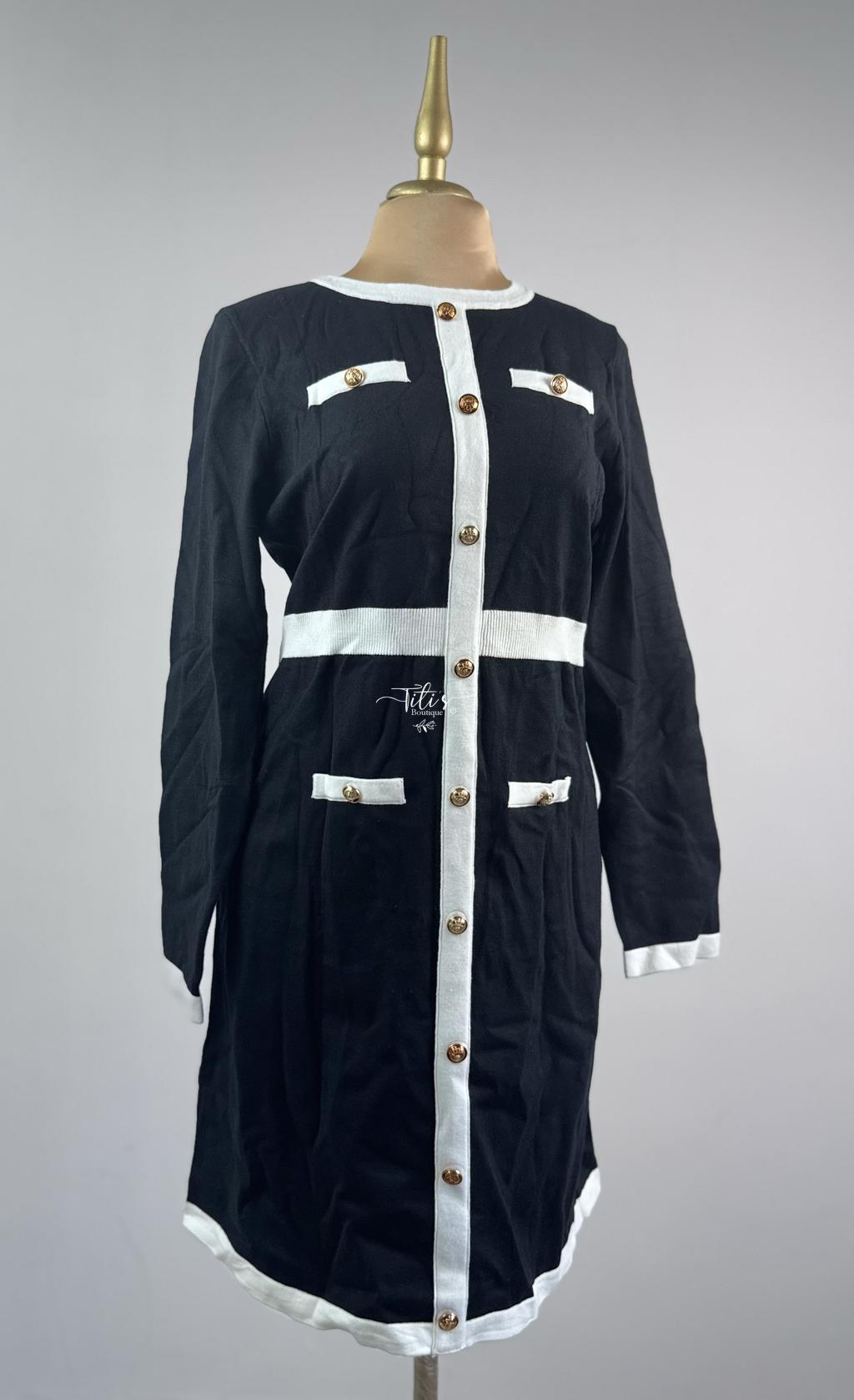 Vestido Tejido Botones Negro Y Blanco