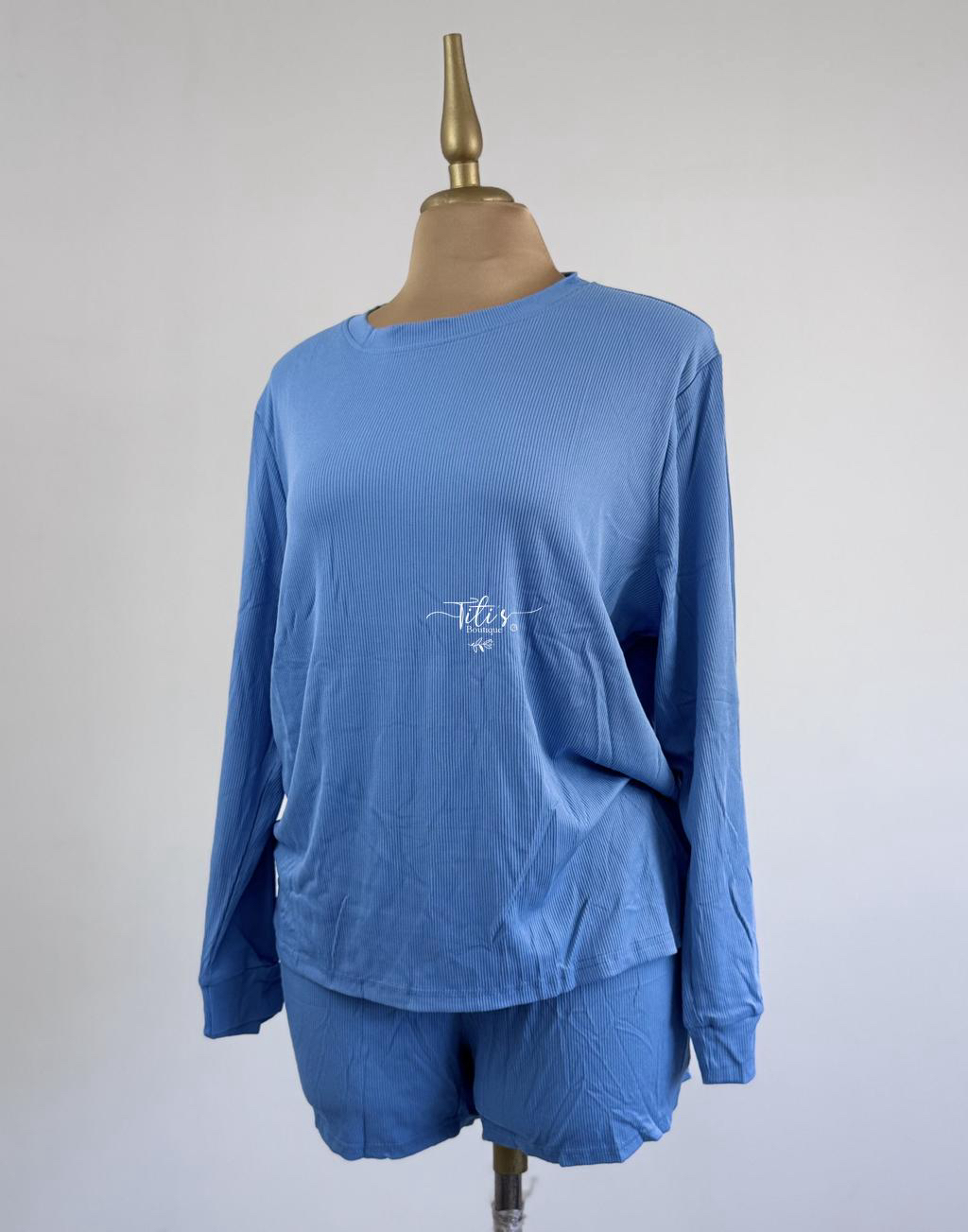 Conjunto Shorts Manga Larga Celeste