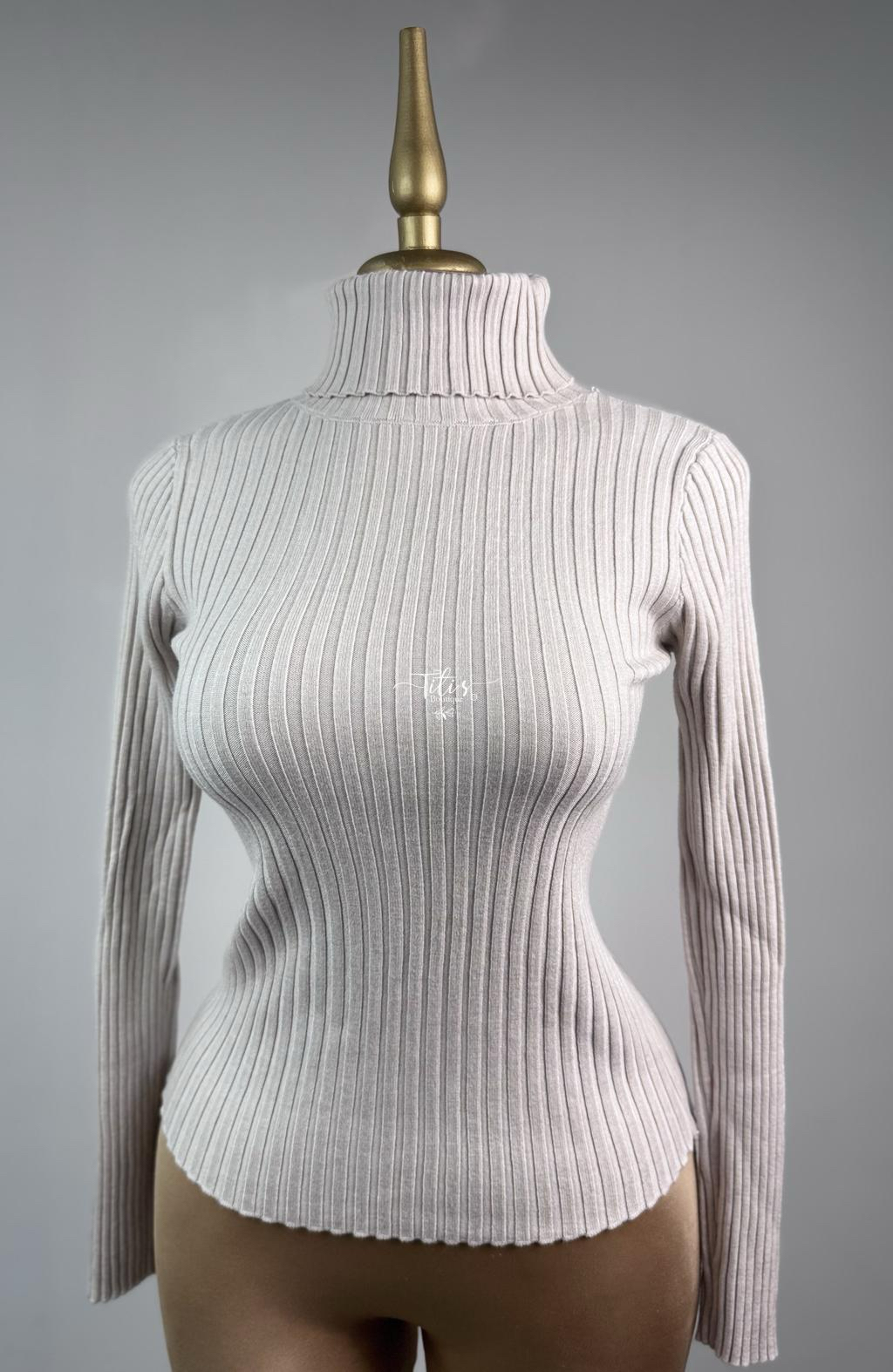 Blusa Rib Manga Larga Cuello Beige