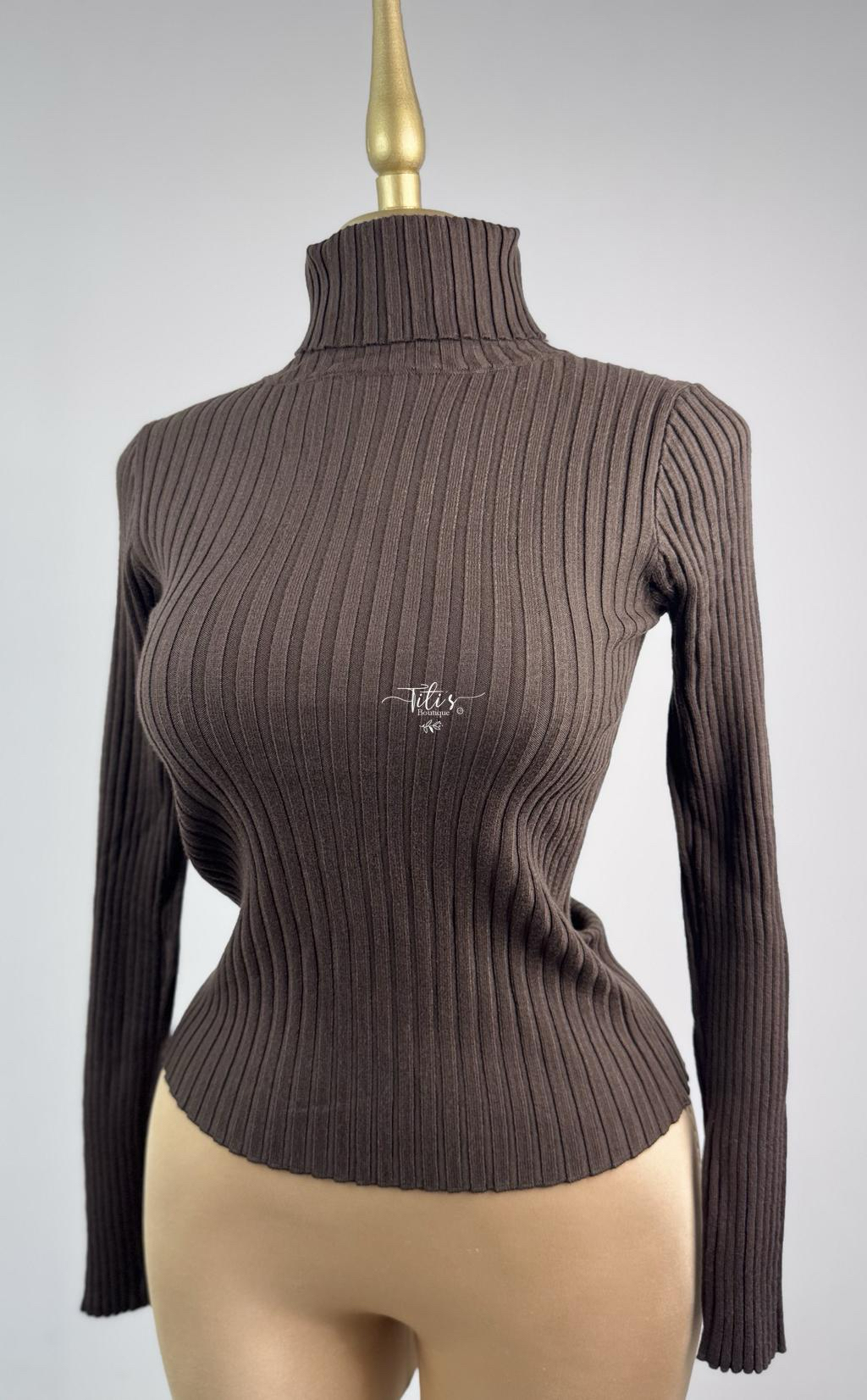 Blusa Rib Manga Larga Cuello Café 