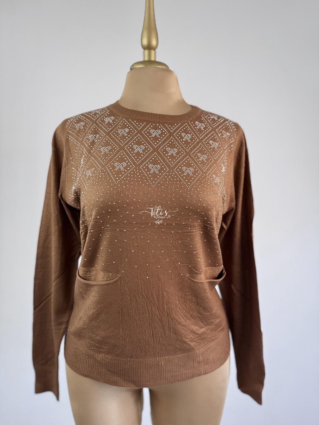 Blusa Brillos Manga Larga Café 