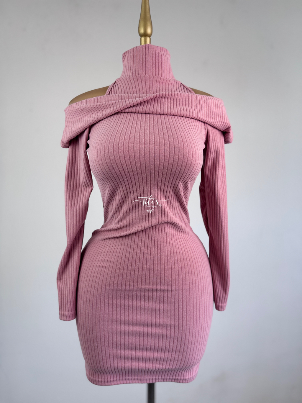 Vestido Cuello Manga Larga Rosa 