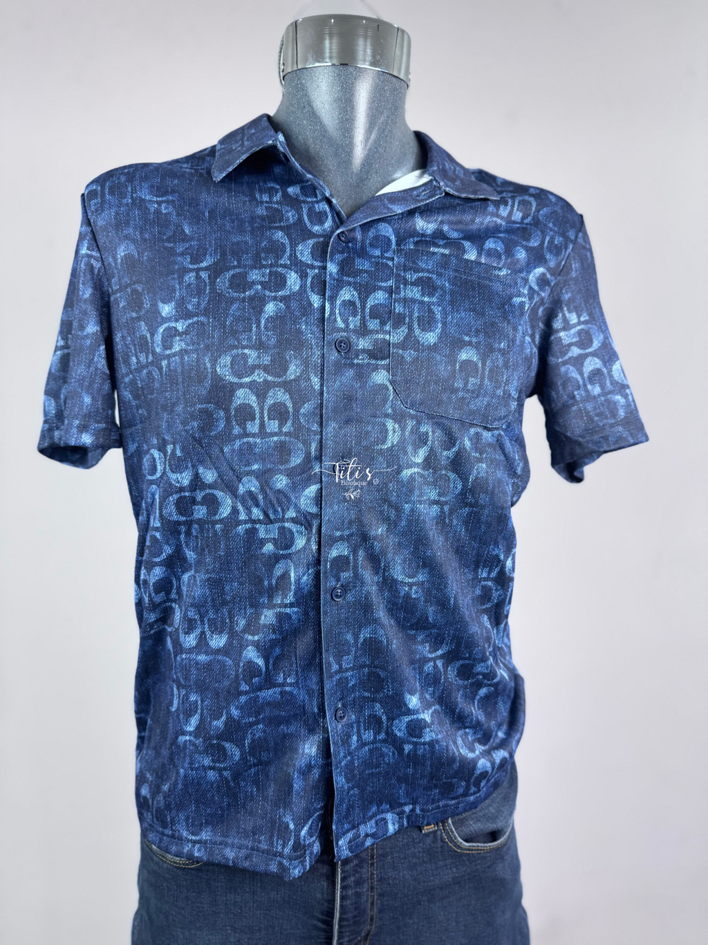 Camisa Estampada Manga Corta  Azul