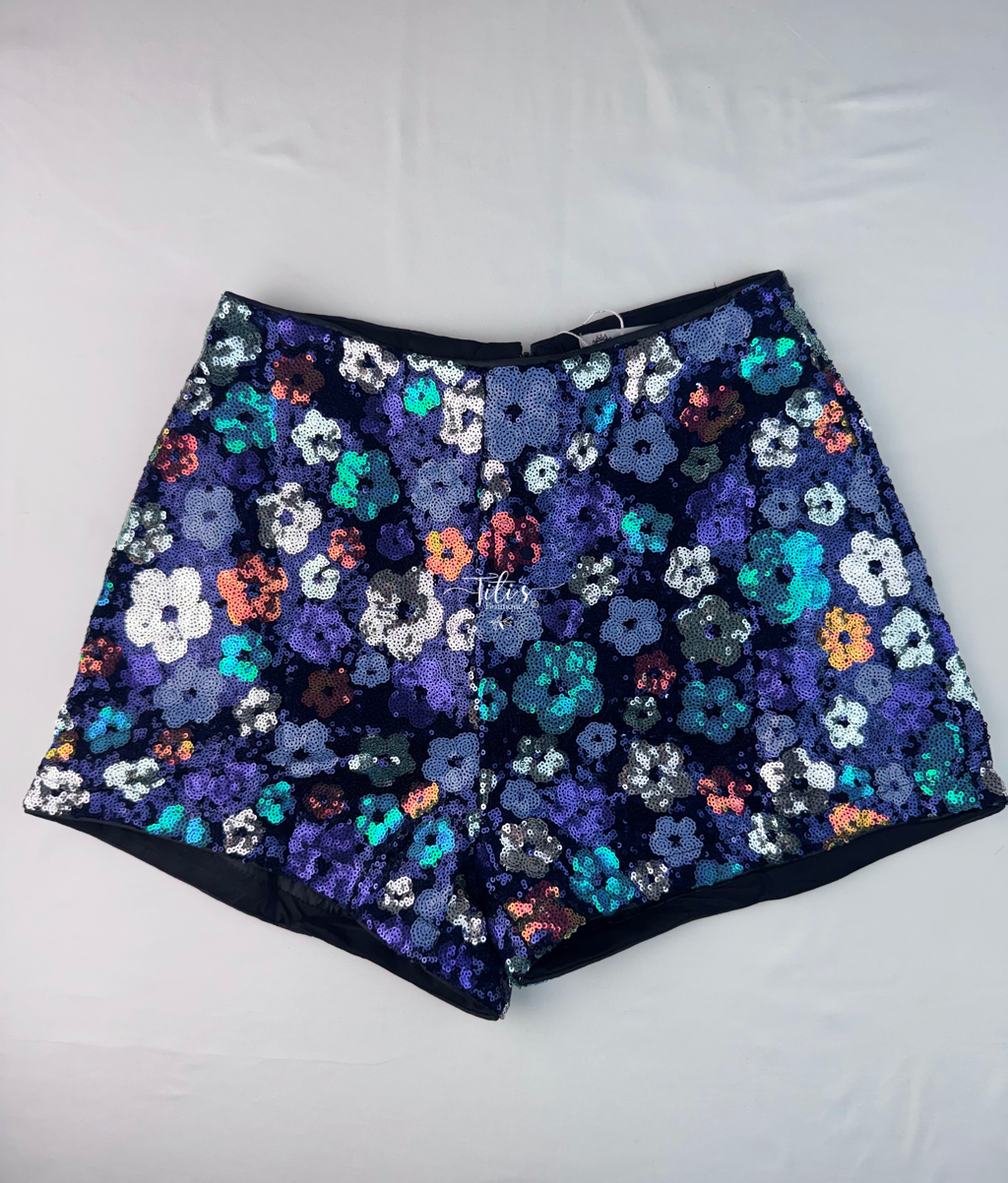 Shorts Lentejuela Flores Azul