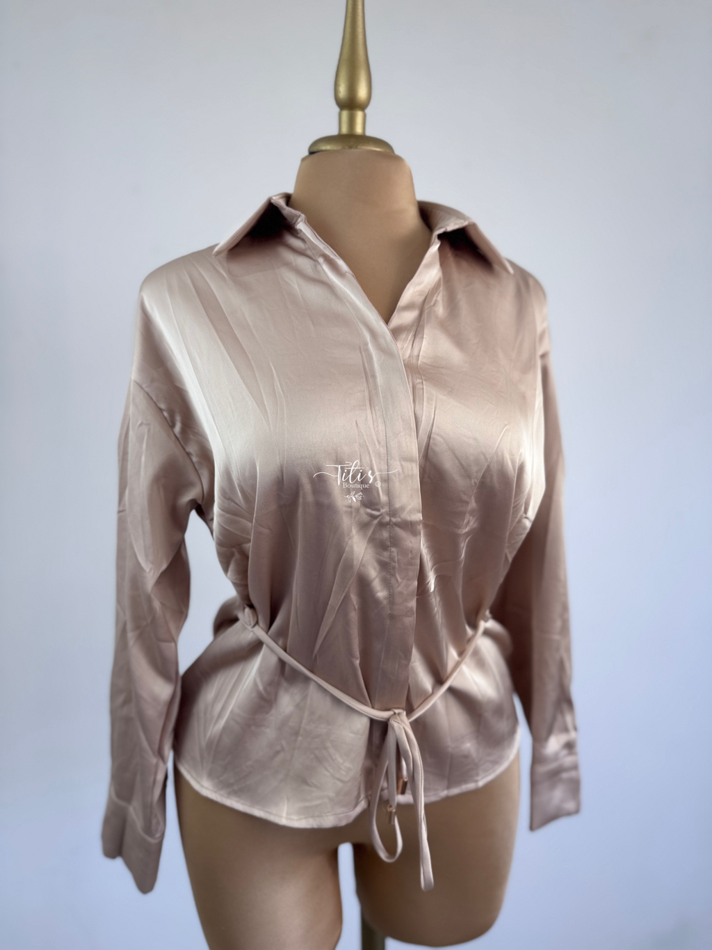 Blusa Satinada Manga Larga Beige 