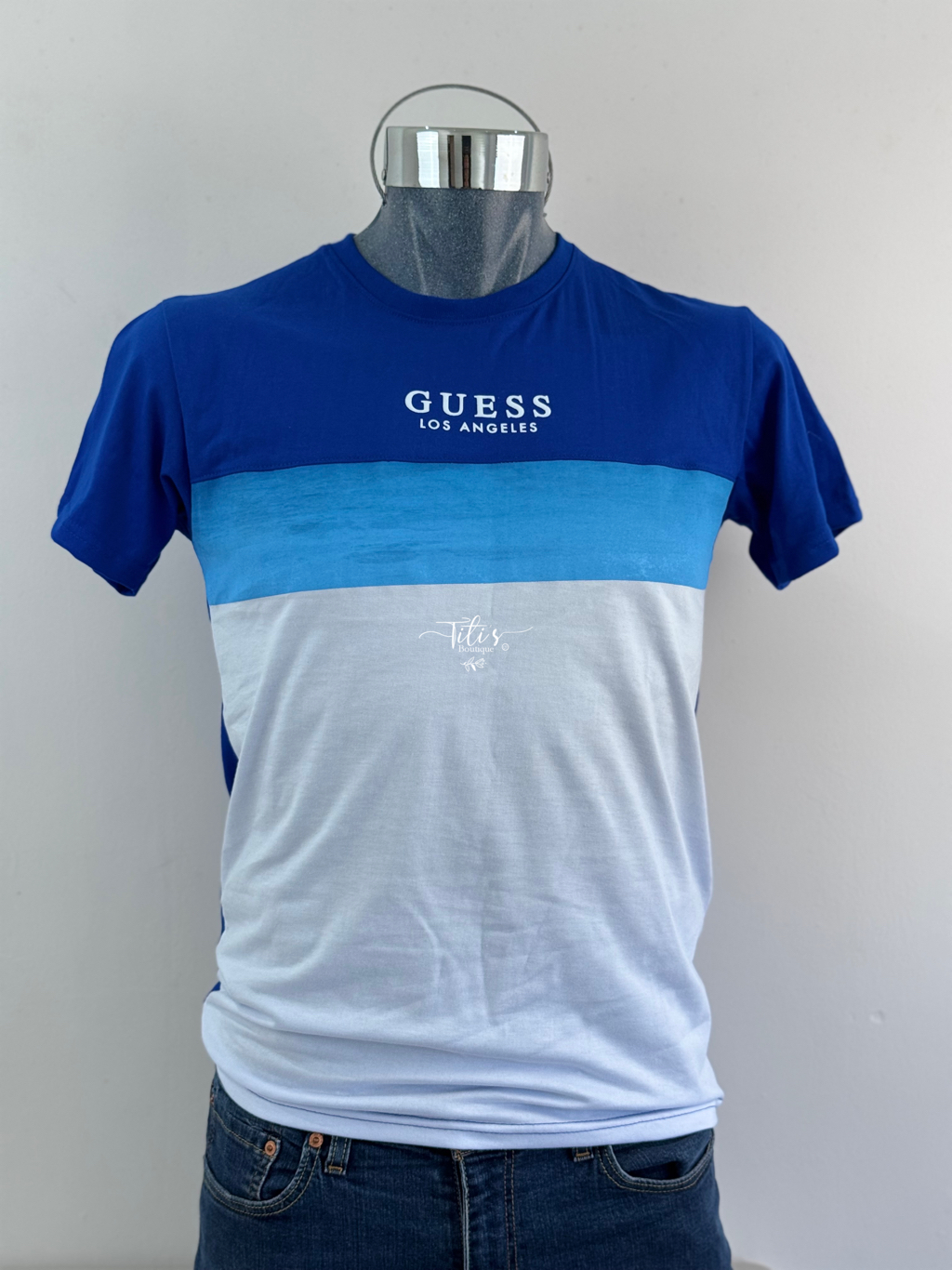 Playera Guess Azul Con Blanco