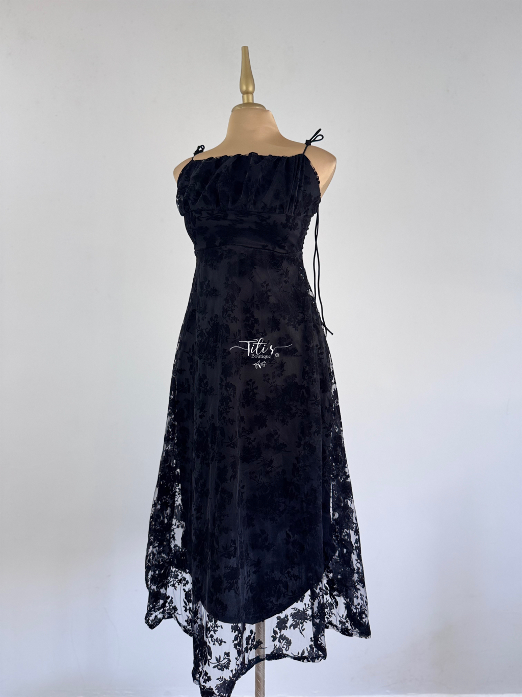 Vestido Fiesta Terciopelo Flores Negro