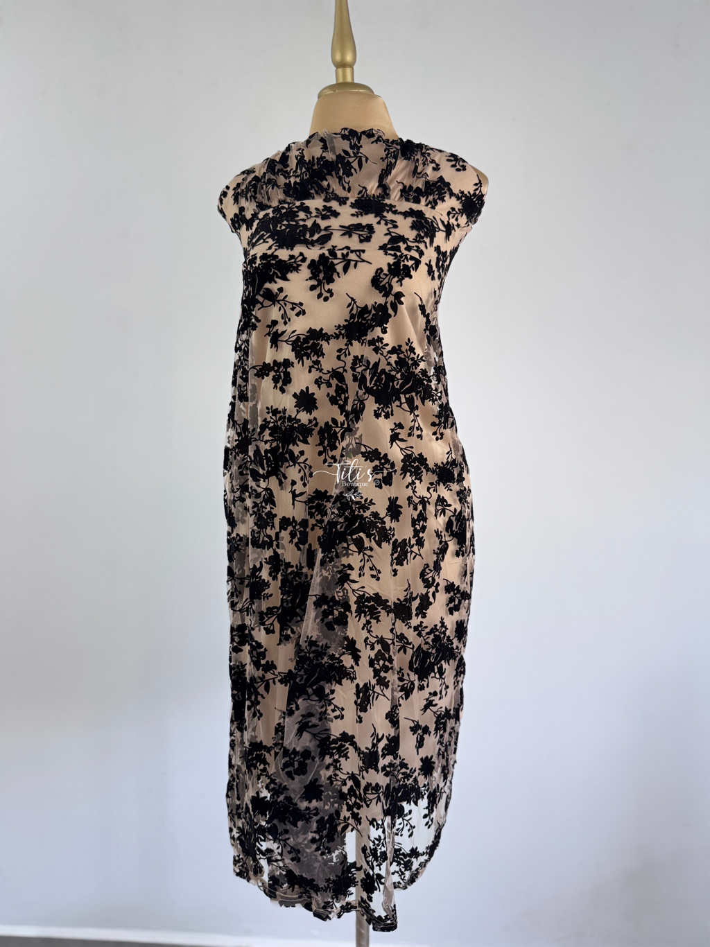 Vestido Fiesta Terciopelo Flores Beige Con Negro