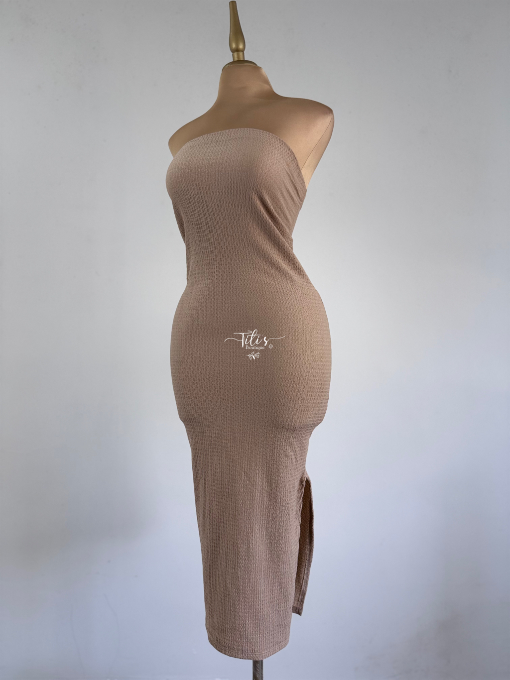 Vestido Strapless Texturizado Beige